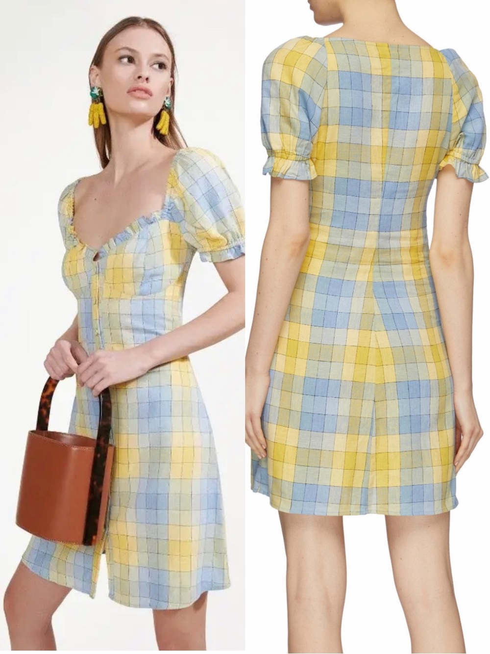 STAUD Yellow & Light Blue Plaid Puff-Sleeve Mini Dress